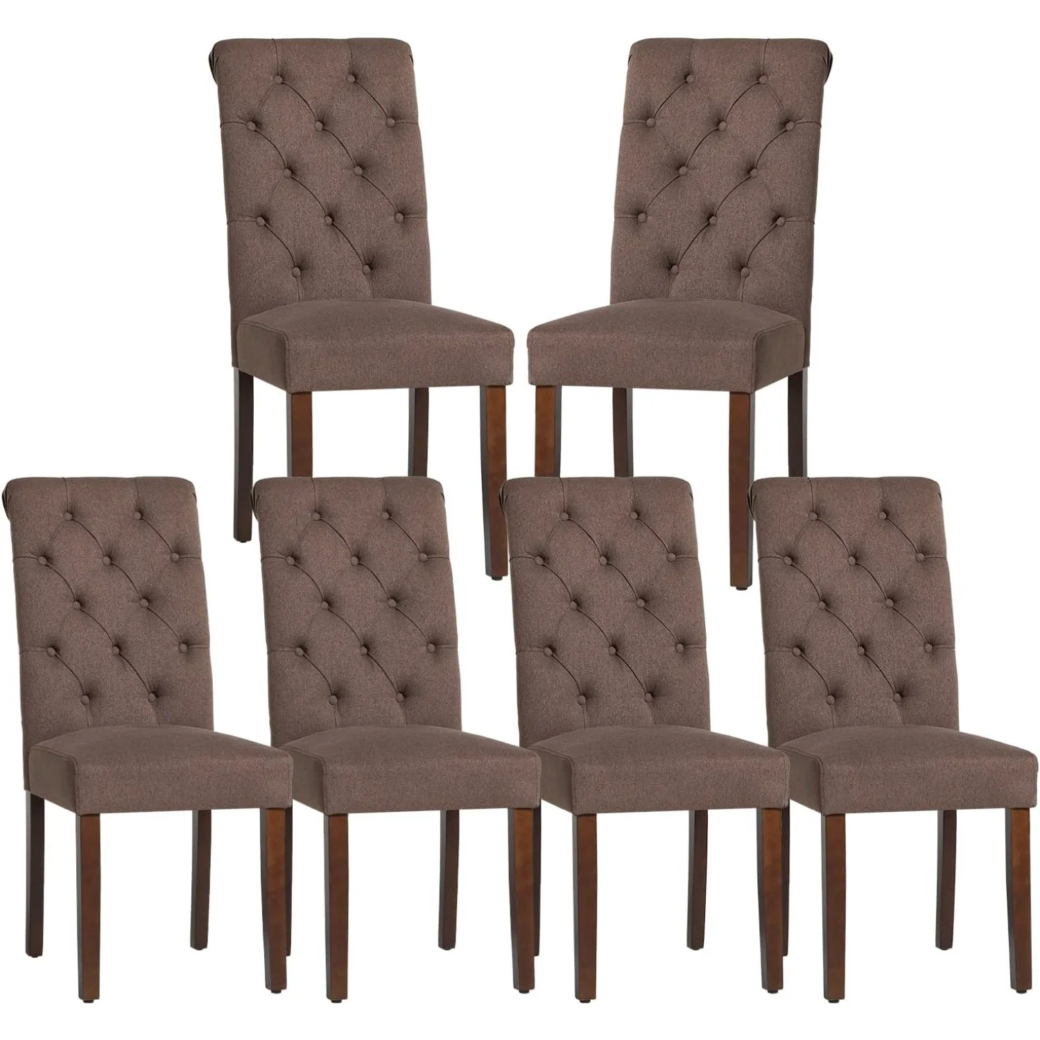 Button Tufted Dining Chairs Set of 6, Parsons Upholstered Fabric with Wood Legs and Padded Seat, Brown