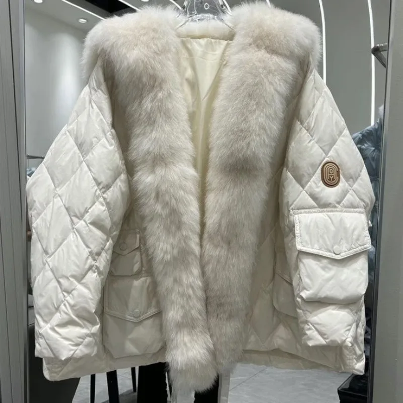 2023 Winter New Women Imitation Fox Fur Collar Coat Female Loose Short Down Jacket Fashion Solid Color Thick Warm Casual Outwear