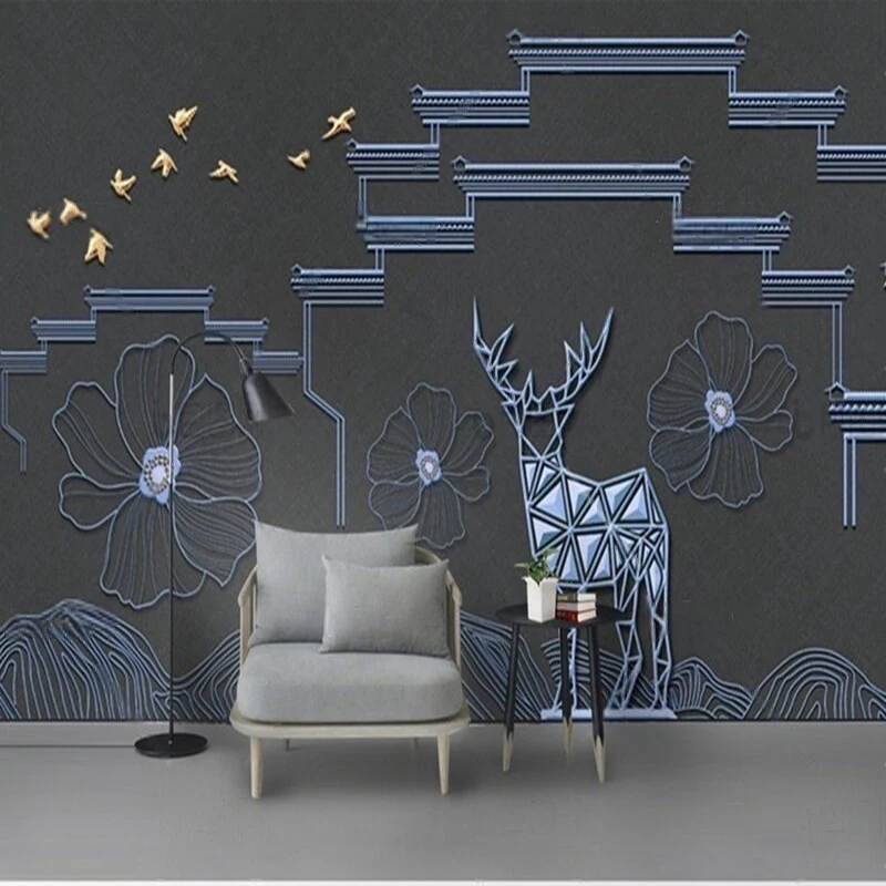 Modern Huizhou-style architectural lines flowers deer birds TV luxurious home decoration bedroom background wall
