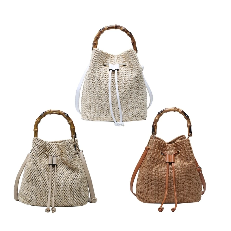 

E74B Breathable Casual Straw Bucket Bag Outdoor Handheld Handbag Shoulder Bag Crossbody Purse for Women