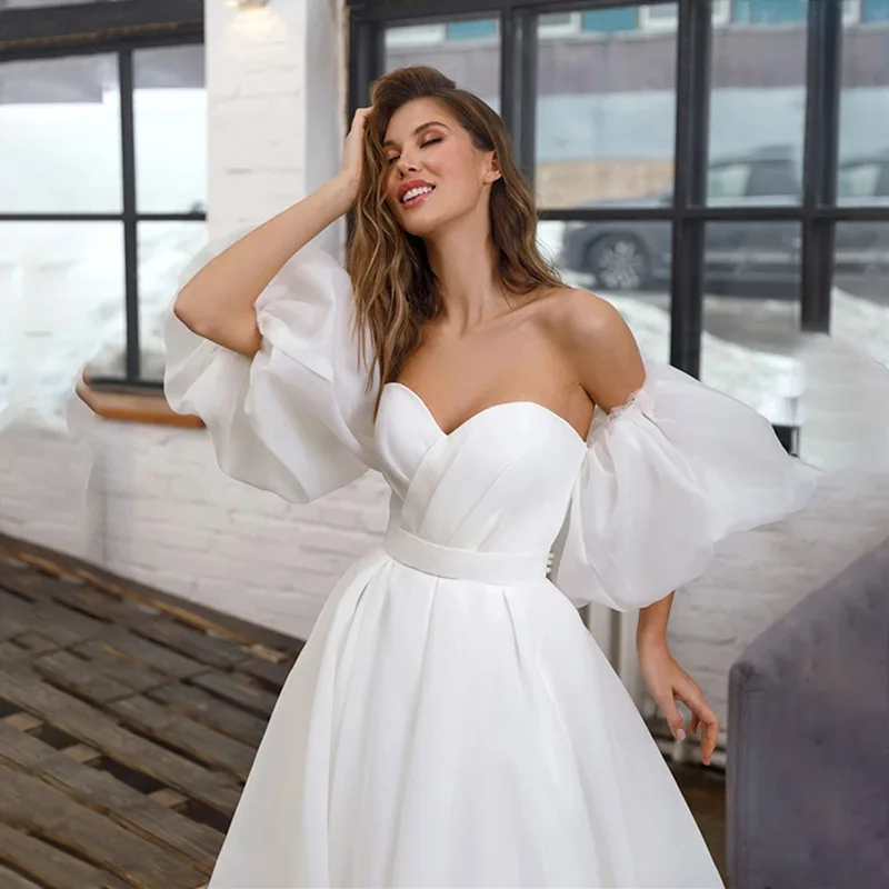 CloverBridal Noble Simple Removable Puffy Sleeves A-line Floor length Bride Dress White Organza Vestido De Novias 2024 WW8231