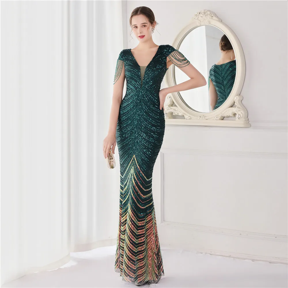 Dark Green Sequin Evening Dresses For Luxury Beads Glitter Mermaid Elegant Evening Dress Party Dresses vestidos de noche 2024