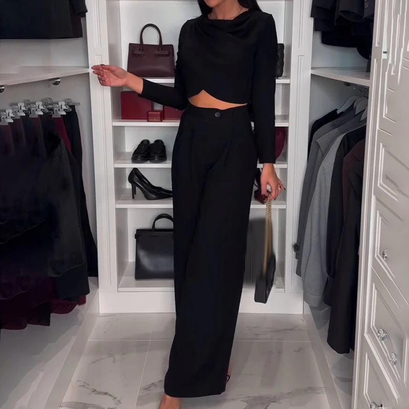 Women Casual Long Sleeves Solid Party Outfits 2025 Elegant Button Loose 2Pc Suits Fashion O-neck Pullover Tops & Long Pant Sets