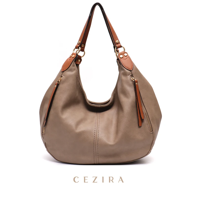 CEZIRA Large Shoulder PU Leather Tote Bag Double Strap Big Soft Casual Daily Work Over night Women Shopping Front PocketsHandbag