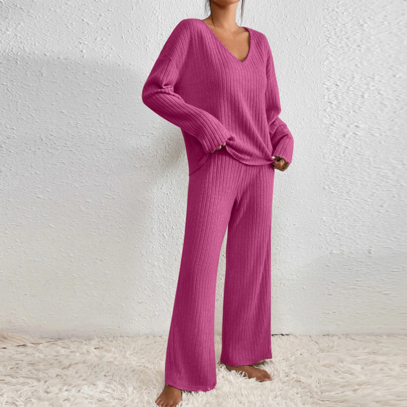 Damen Geripptes Strick-Zweiteiler-Set V-Ausschnitt Langarm-Oberteil Weite Hose Herbst Locker Lässige Loungewear Eleganter Hausanzug – Detail 6