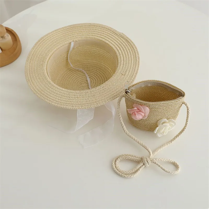 Kids Girls Large Wide Brim Flower Straw Hat And Shoulder Bag Woven Set Sun Protection Beach Hat Summer Floppy Bucket Cap Gorras