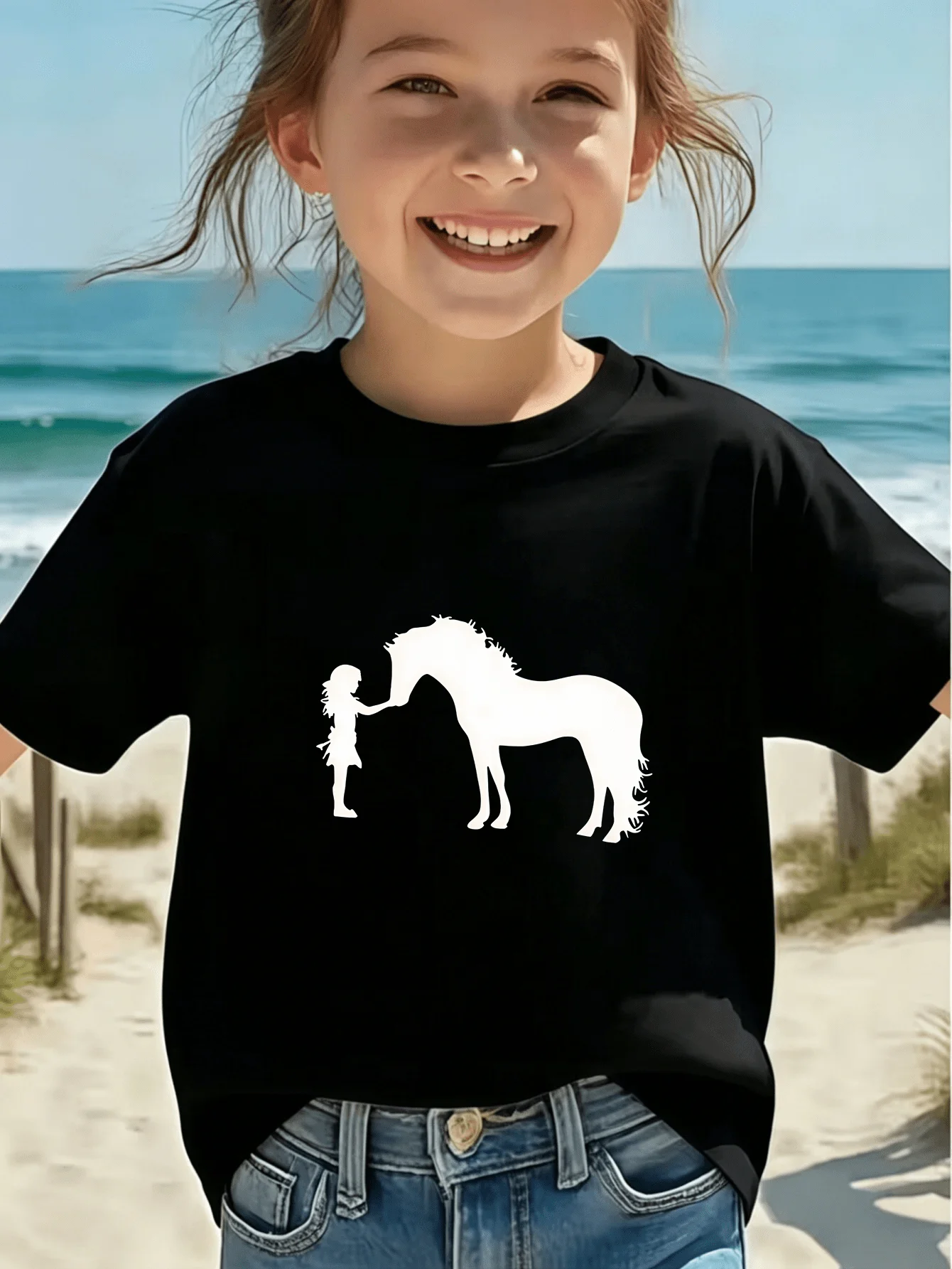 Girl And Horse Silhouette Graphic Kids T Shirt Boys Girls Short Sleeve Crew Neck Cotton Parent Matching Casual Top Toddler Youth