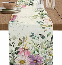 Spring Colorful Flower Linen Table Runner Holiday Party Decor Seasonal Floral Eucalyptus Leaves Table Runners Dining Table Decor