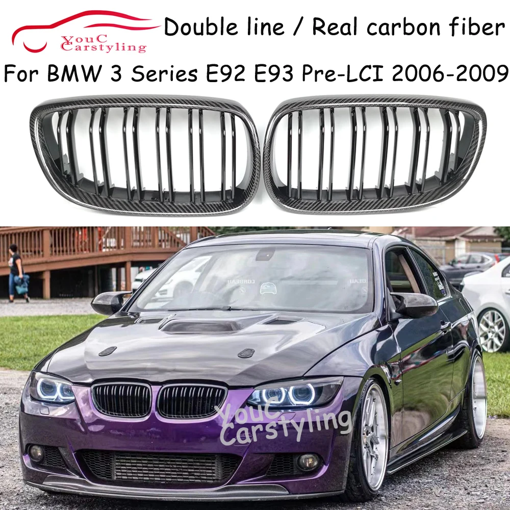 E92 Real Carbon Fiber Dual Line Front Bumper Kidney Grille For BMW E92 E93 3-Series Coupe Convertible 2006-2009 Pre-LCI