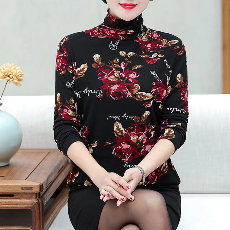 2023 Autumn Winter Middle-aged and Elderly Women Floral Print Thick Warm T Shirt Fashion High Collar Long Sleeve Slim Basic Tops