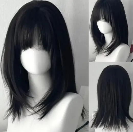 

Wig for Women Black Medium Long Straight Hair Natural Simulation Daily Use Wig with Bangs Short Hair Bob Synthetic Wig