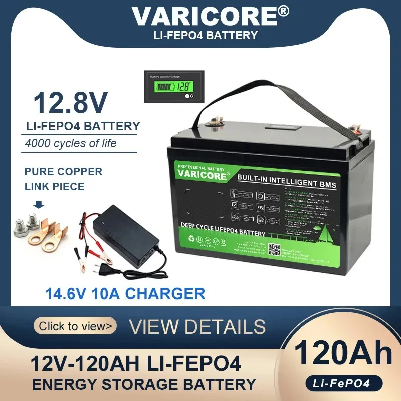 Varicore 12.8v 120ah usb 3.0 tipo-c 12v lifepo4 bateria de lítio 6000 ciclos para inversor carro mais leve 14.6v carrinho de golfe duty-free