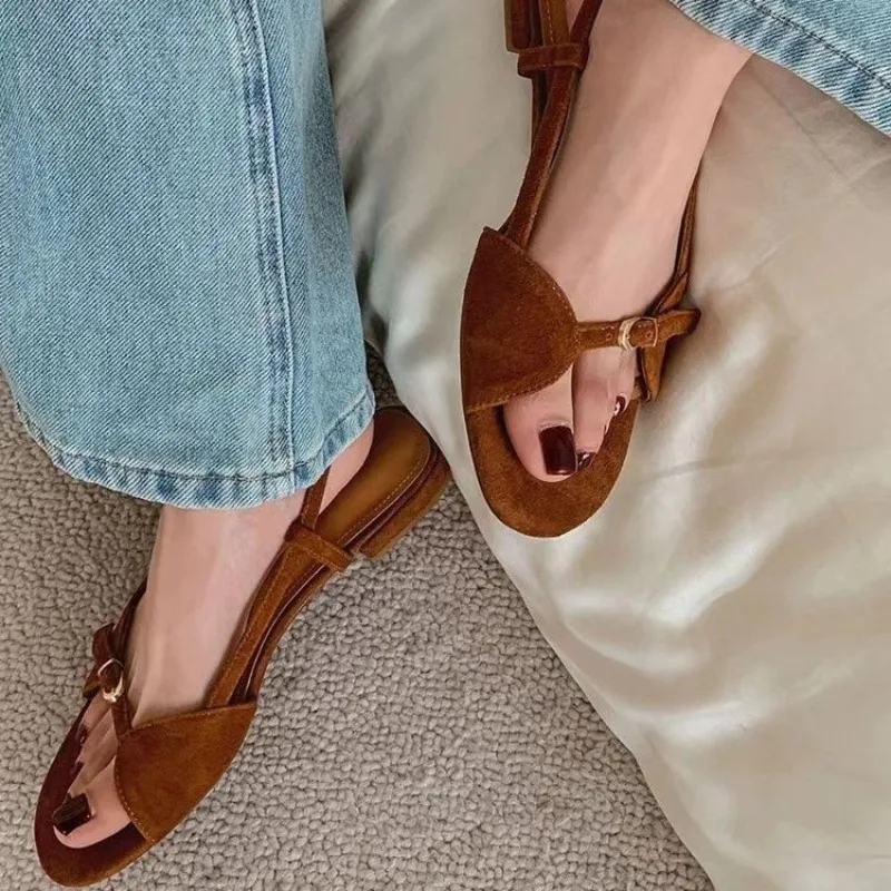 Women\'s Fashion Sandals New Summer Round Head Soft Frosted Open Toe Hollow Belt Buckle Flats