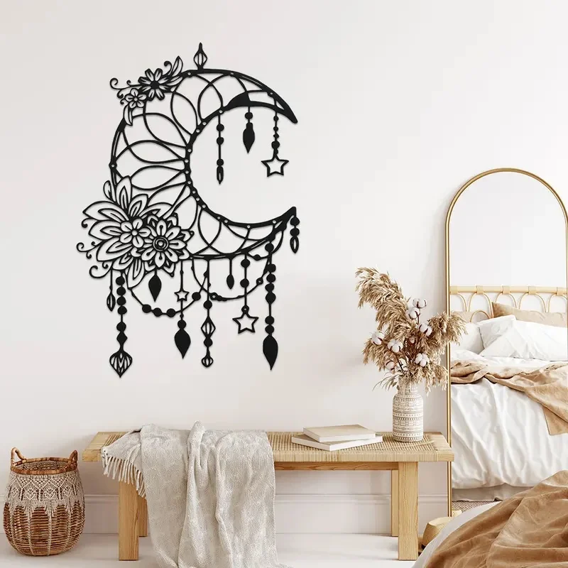 1PC Metal Elegant Gothic Moon & Flower Wall Art - Modern Craft Sign Hanging Ornament for Home, 1pc