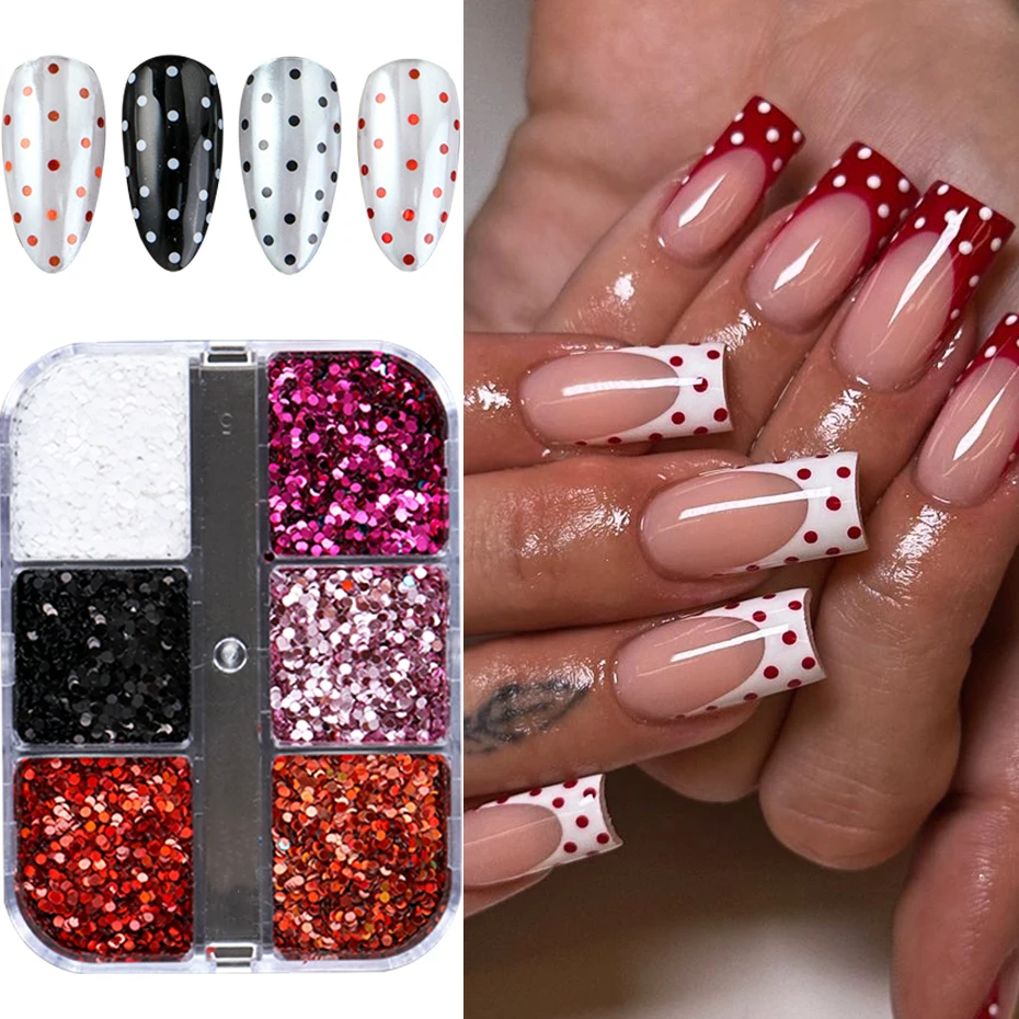 

Набор из 6 контейнеров с мини-блестками в горошек для ногтей, 3D-пайетки, черные, белые, красные, с дизайном в горошек, для DIY-декора ногтей и маникюра