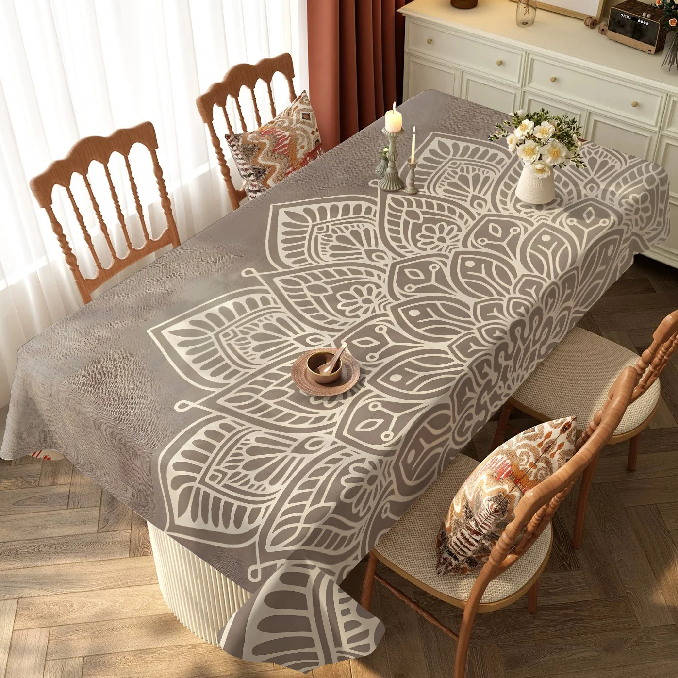 Bohemian Mandala Print Tablecloth for Table Waterproof Rectangle Reusable Table Cloth Light Brown Printed Table Cover for Party