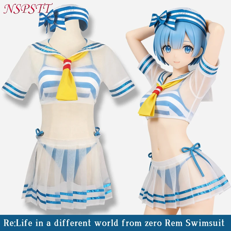 

NSPSTT Anime Re:Zero Rem Cosplay Costume Wig Summer Swimsuit Sailor Suit Sexy Bikini Beach Wear for Women