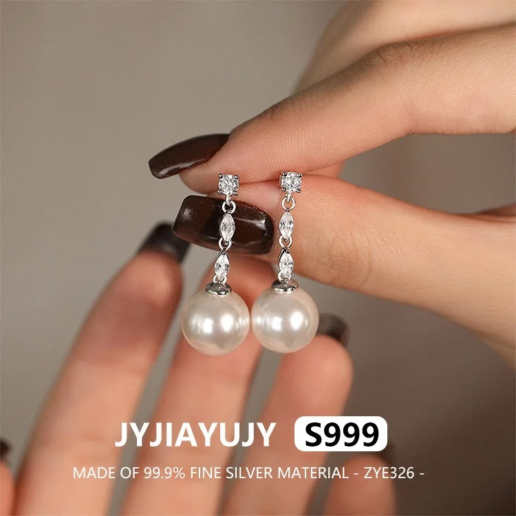 

JYJIAYUJY 100% Whole Original Fine Silver S999 Drop Earrings Shell Pearl Inlaid With Zirconia Elegance Gift For Women Use ZYE326