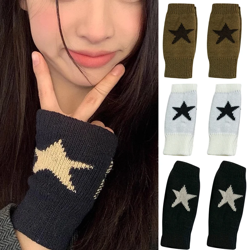 2023 Winter Star Knitted Woolen Gloves Y2K Fashion Men\'s and Women\'s Half Finger Gloves Student Warm Five Pointed Star Gloves