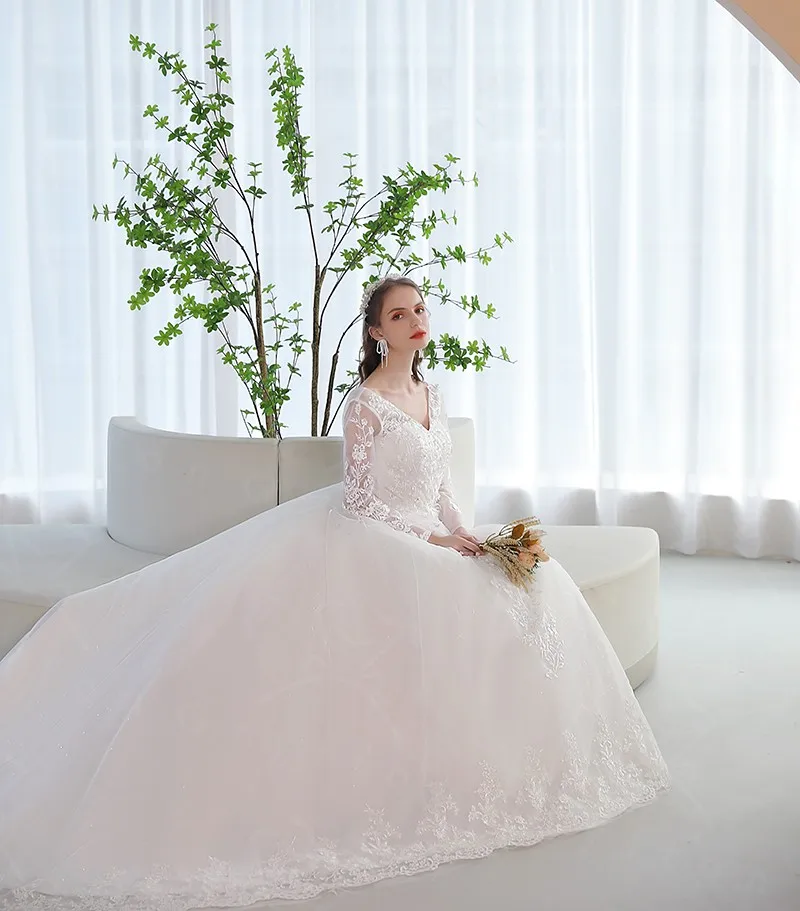 Long Sleeve Wedding Dress Sweet Flower Vestido De Noiva Luxury Lace Ball Gown Real Photo Wedding Gowns For Women customized