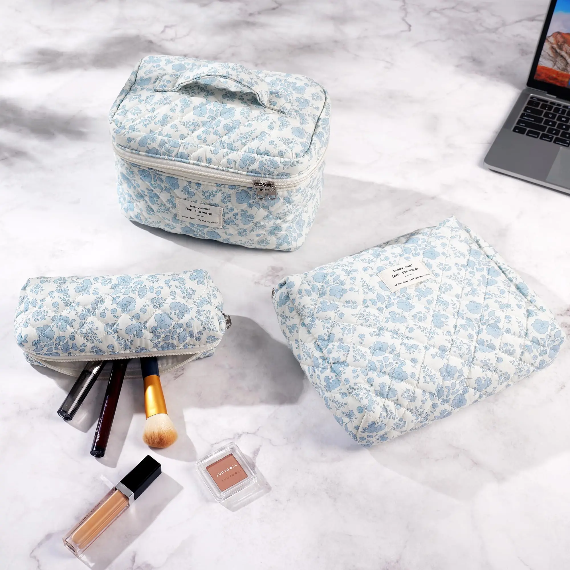 3Pcs Cotton Quilted Makeup Bag Set Women Zipper Cosmetic Organizer Female Cloth Handbag Portable Toiletry Case for Girls