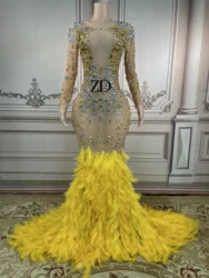 Women Sexy Luxurious Rhinestones Feather Trail Transparent Dress Birthday Celebrate Evening Prom Gown Dress Stage plus size