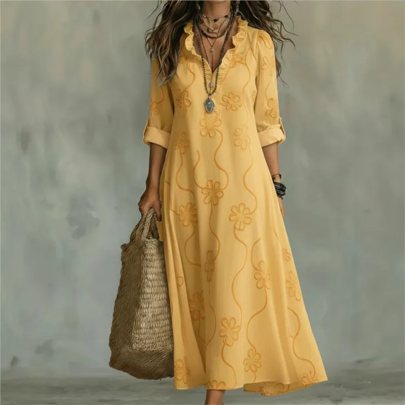 Summer Foreign Style Women's Loose Dress Fashion Printed V-neck A-line Dresses Ladies Elegant Chic Lace Splicing Design Vestidos