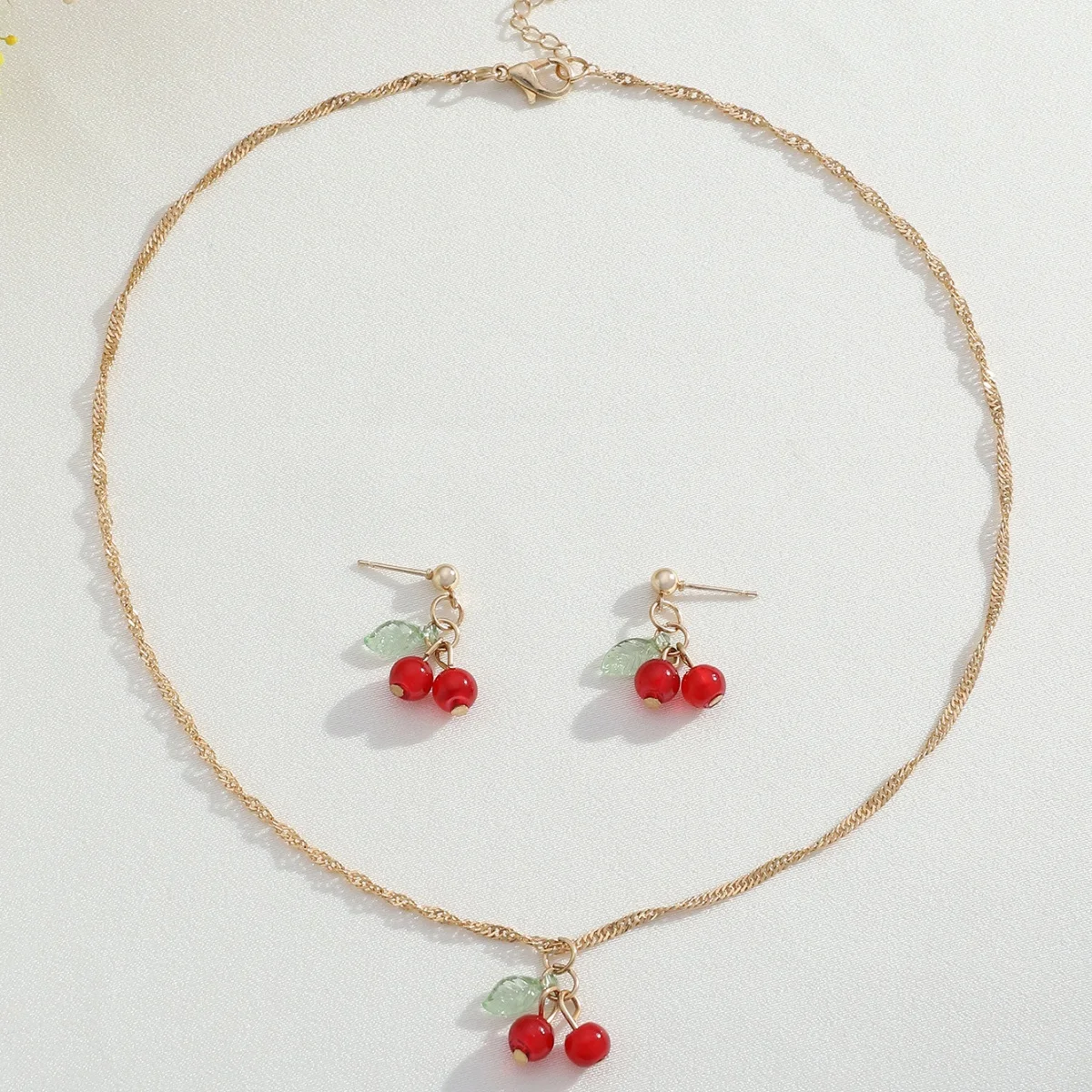 Cherry Red Necklace & Earring Set, Elegant Collarbone Chain
