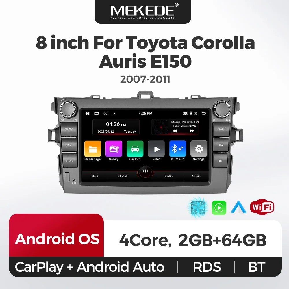 Radio para coche MEKEDE con sistema operativo Android de 64GB para Toyota Corolla Auris E140/150 2007-2011, sistema de audio inteligente multimedia central con Carplay.