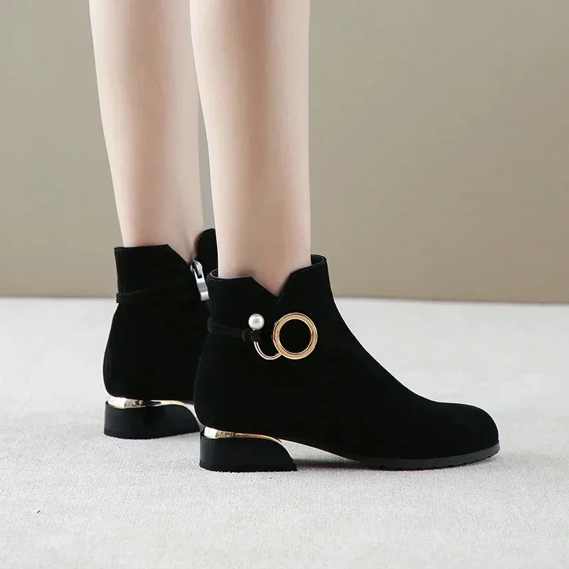 2024 Women\'s Shoes Ankle Boots Low Heels Short Cow Suede Shoes Women\'s Autumn and Winter Boots