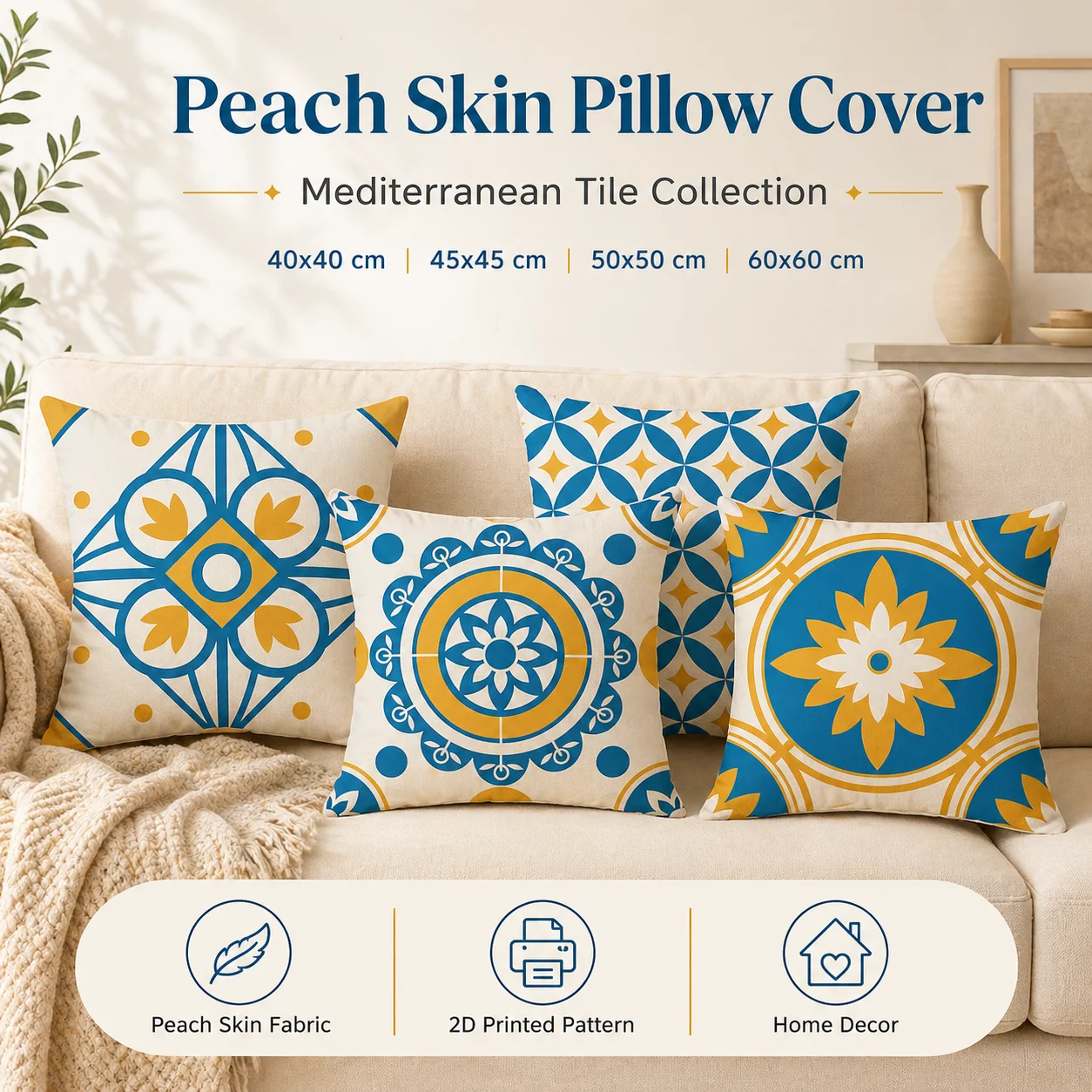 Mediterranean Tile Pattern Pillow Cover 2D Flat Print Peach Skin Cushion Cover Blue Yellow Boho Couch Living Room Decor 45x45