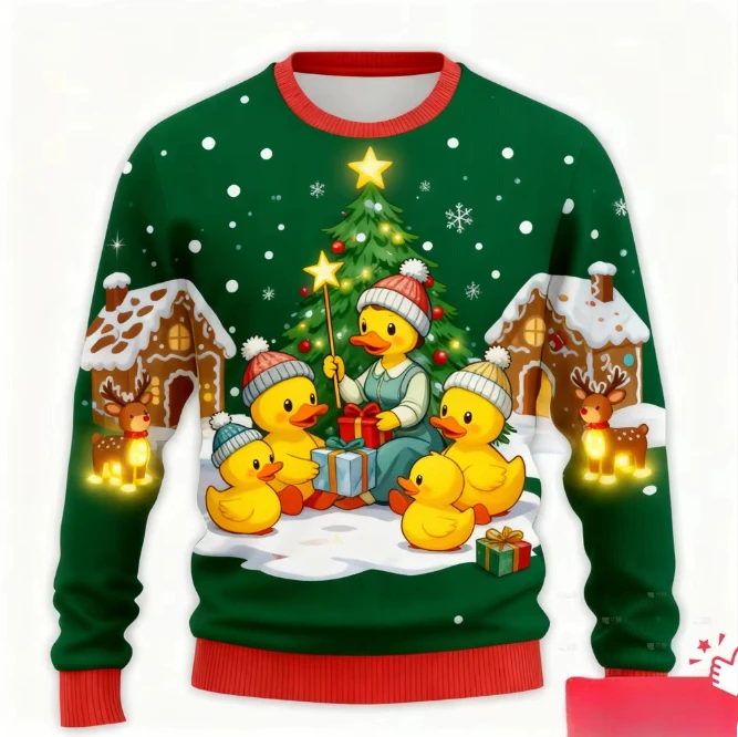 Ugly Christmas Sweater Gingerbread Yellow Duck Printed Kids Youth Christmas Holiday Crew Neck Pullovers Unisex Sweatshirts