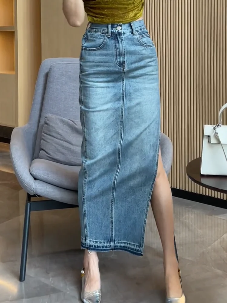 

Новая джинсовая юбка с боковым разрезом, женская летняя модная юбка в корейском стиле, универсальная, облегающая, длинная юбка для повседневной носки.