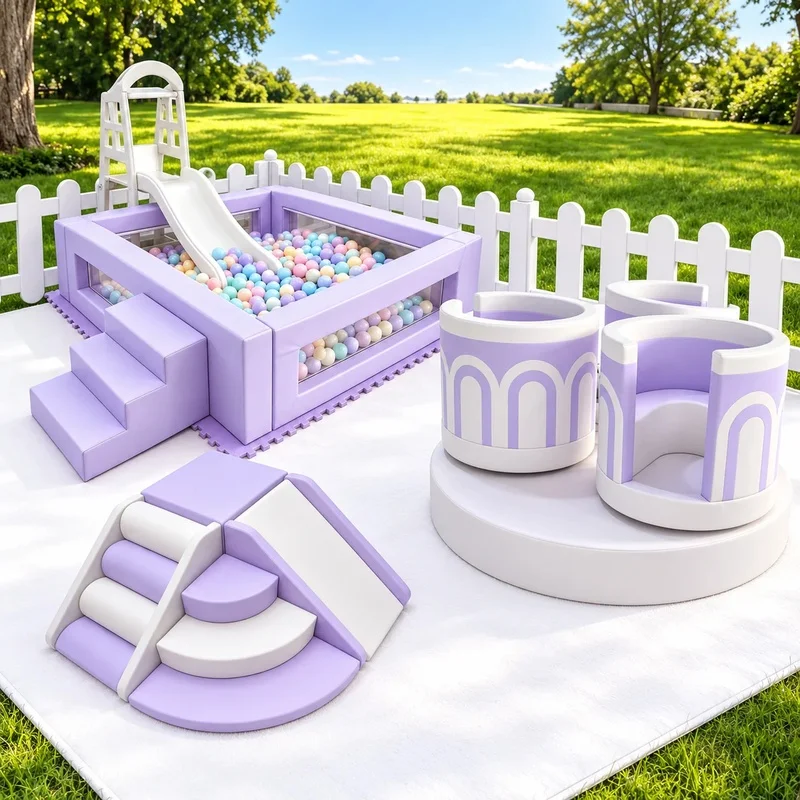 Pastel Purple Kids Soft Play Center With Ball Pit Slide Soft Climber Carousel for Party Rental Playground Equipment