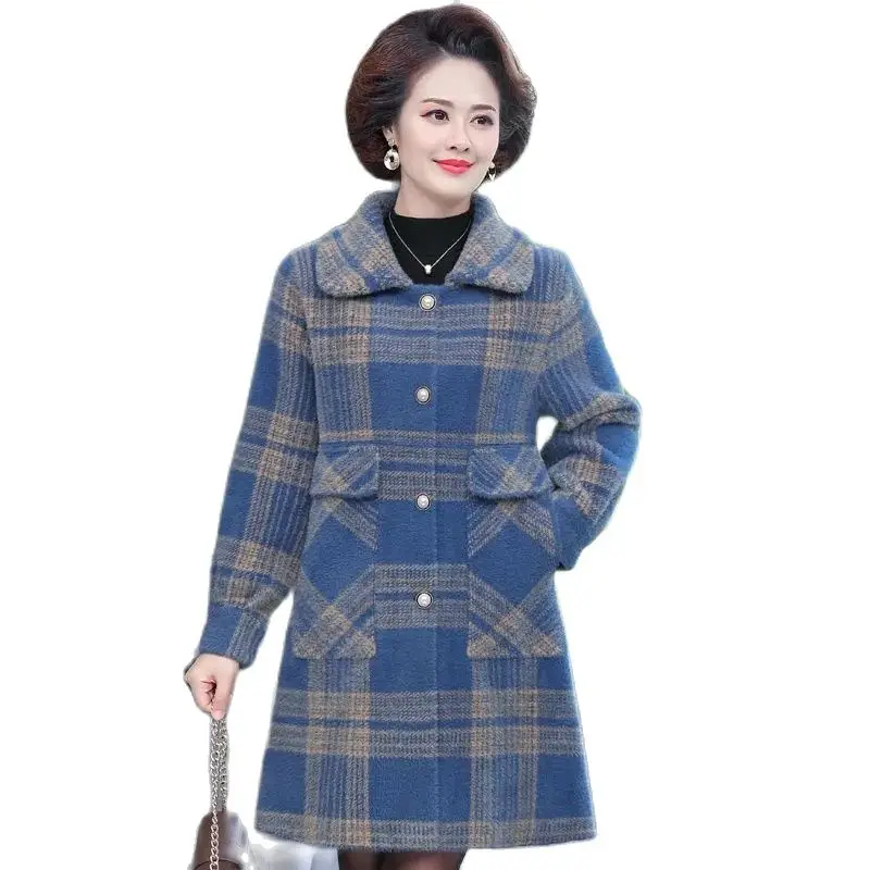 

Mother Lapel Coat Autumn Winter Ladies Jacket Medium Long Middle-Aged Elderly Women's Clothes Padded Knitted Woolen Coat Top