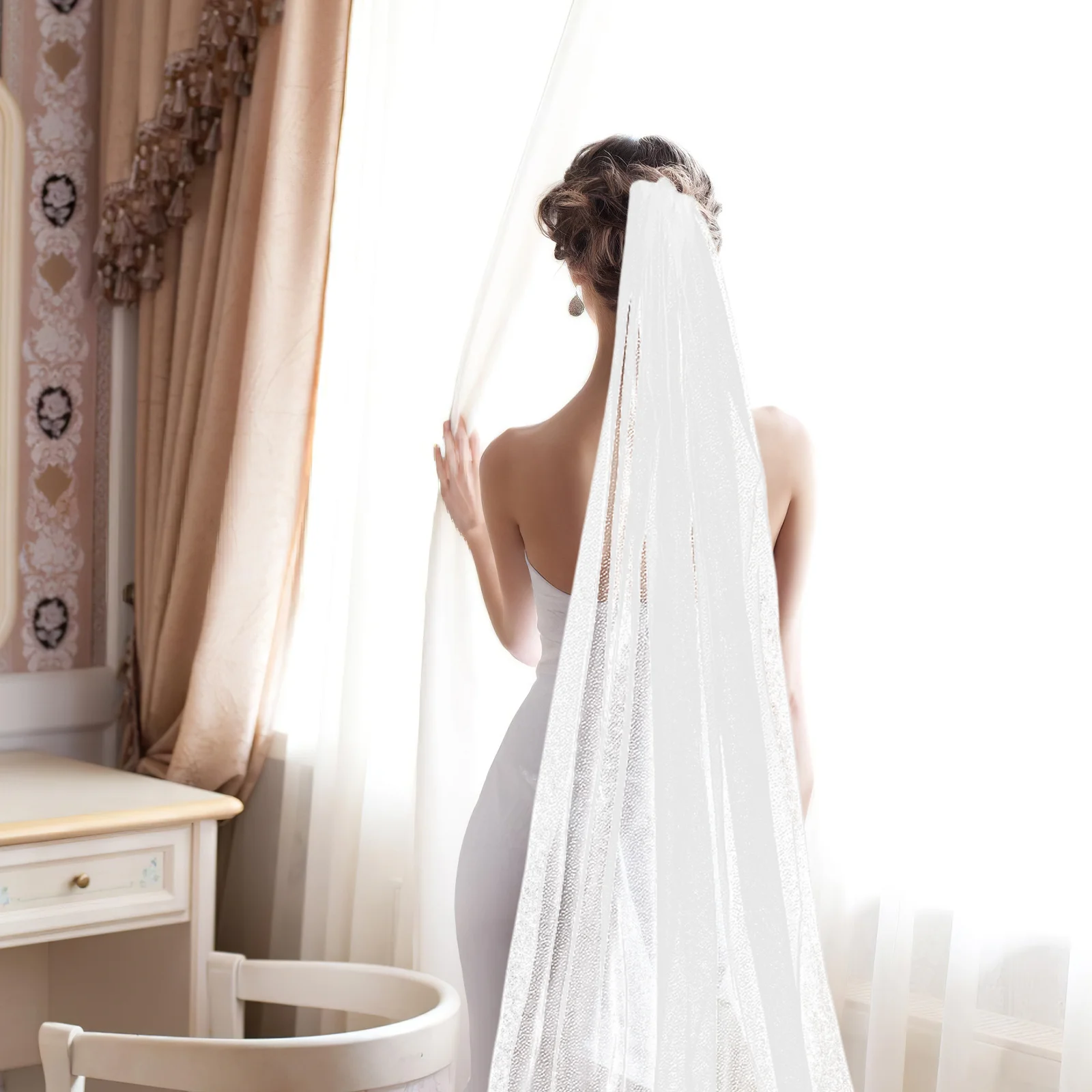 فاخر 300x150 سنتيمتر سباركلي الحجاب الزفاف الأبيض تول طرحة الزفاف مع مشط بريق تصميم طويل طول الكاتدرائية #6