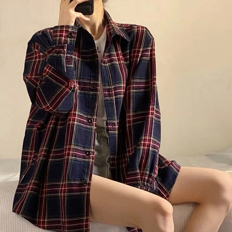 Shirts Women Plaid Long Sleeve Chic Loose Spring Casual Sun-proof BF Retro Harajuku Daily Streetwear College Simple All-match