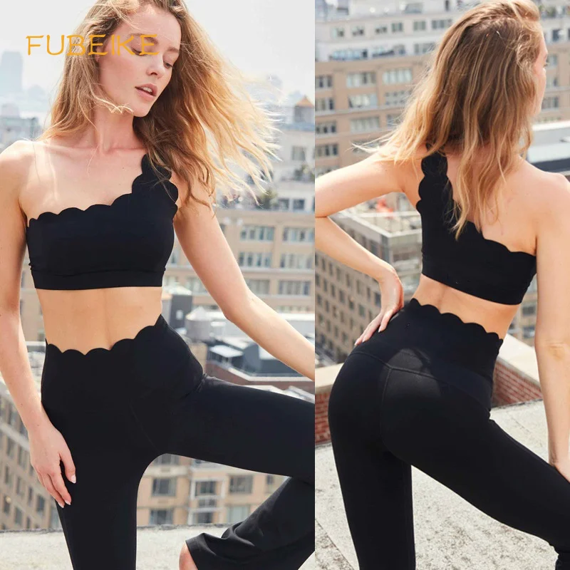 FUBEIKE One Shouder Seamless Backless Sexy Black Yoga Clothes Running Leggings Workout Sports Tights Women's Bras With Chest Pad