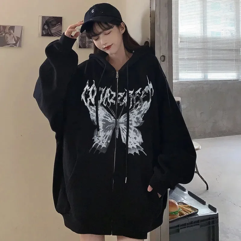 Women Zipper Hoodies Butterfly Print Hip Hop Long Sleeve Jackets for Men Spring Autumn Streetwear Casual Loose Hooded Coats