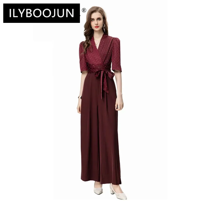 

ILYBOOJUN 2024 Summer High Quality Women Jumpsuits Polka Dot Print V-Neck Lace Up Tunics Solid Color Wide Leg Pants Jumpsuits