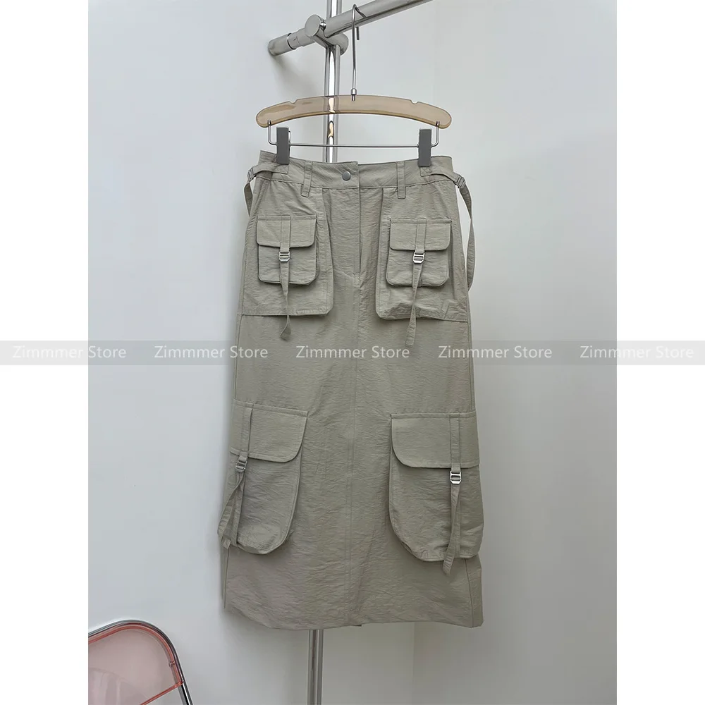 

American retro fashion khaki color high waist multi-pocket loose casual workwear half-body skirt