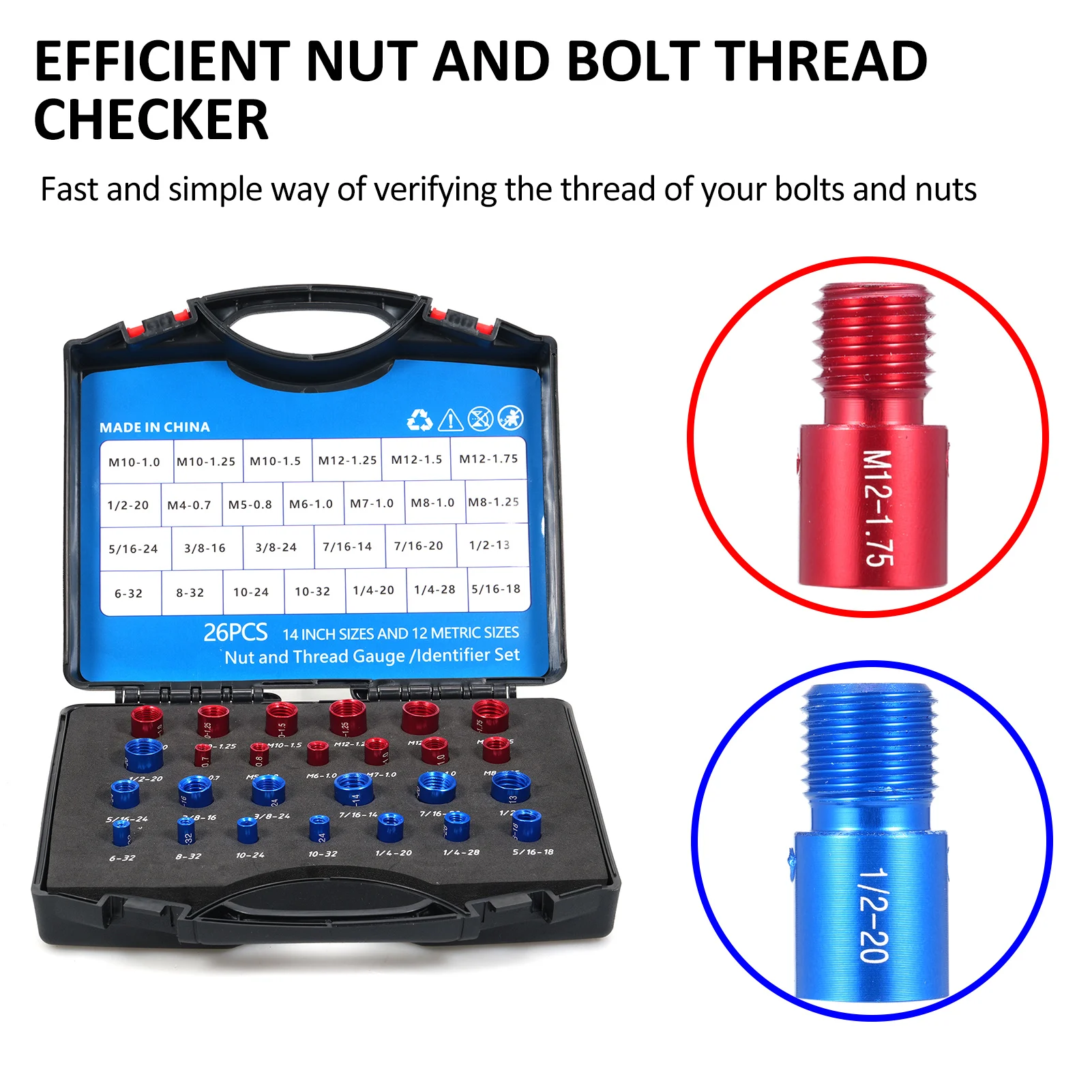 Nut and Bolt Thread Checker 26/44Pcs Male/Female Gauge 14 Inch & 12 Metric Individually Assembled Thread Gauge Compact Bolt