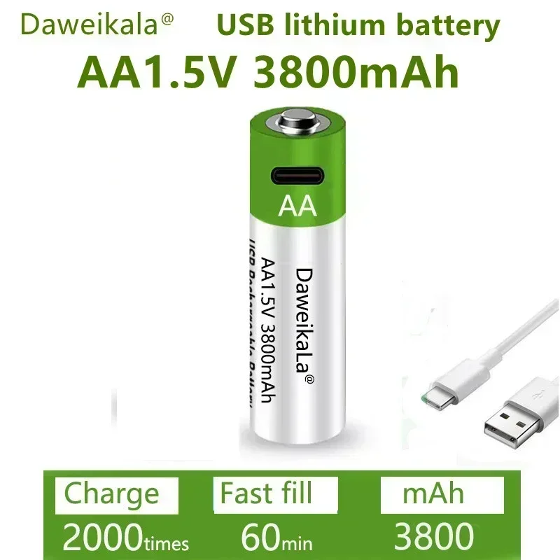 New USB fast charging battery, 1.5V/AA lithium-ion rechargeable 3800mAh lithium battery, wireless mouse toy battery,