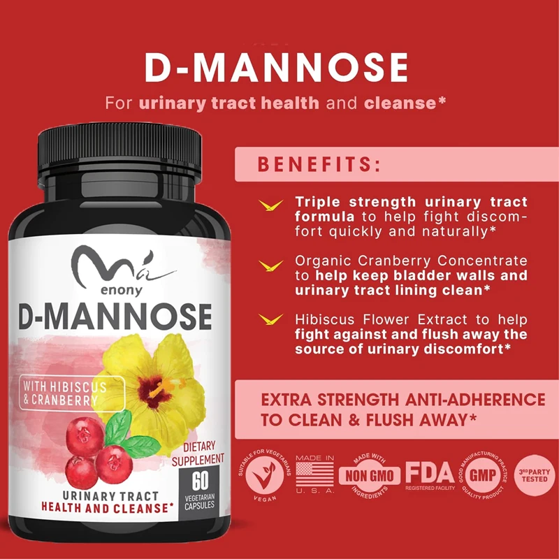 D-mannose organic cranberry powder and hibiscus. Natural cleaning, quick detoxification and rinsing, 60 capsules