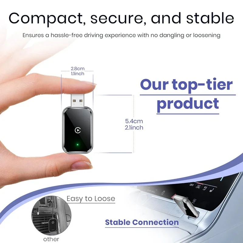 Mini Wireless CarPlay Adapter: Converts wired connection into wireless USB adapter. Supports USB A and USB C. Stable connection.