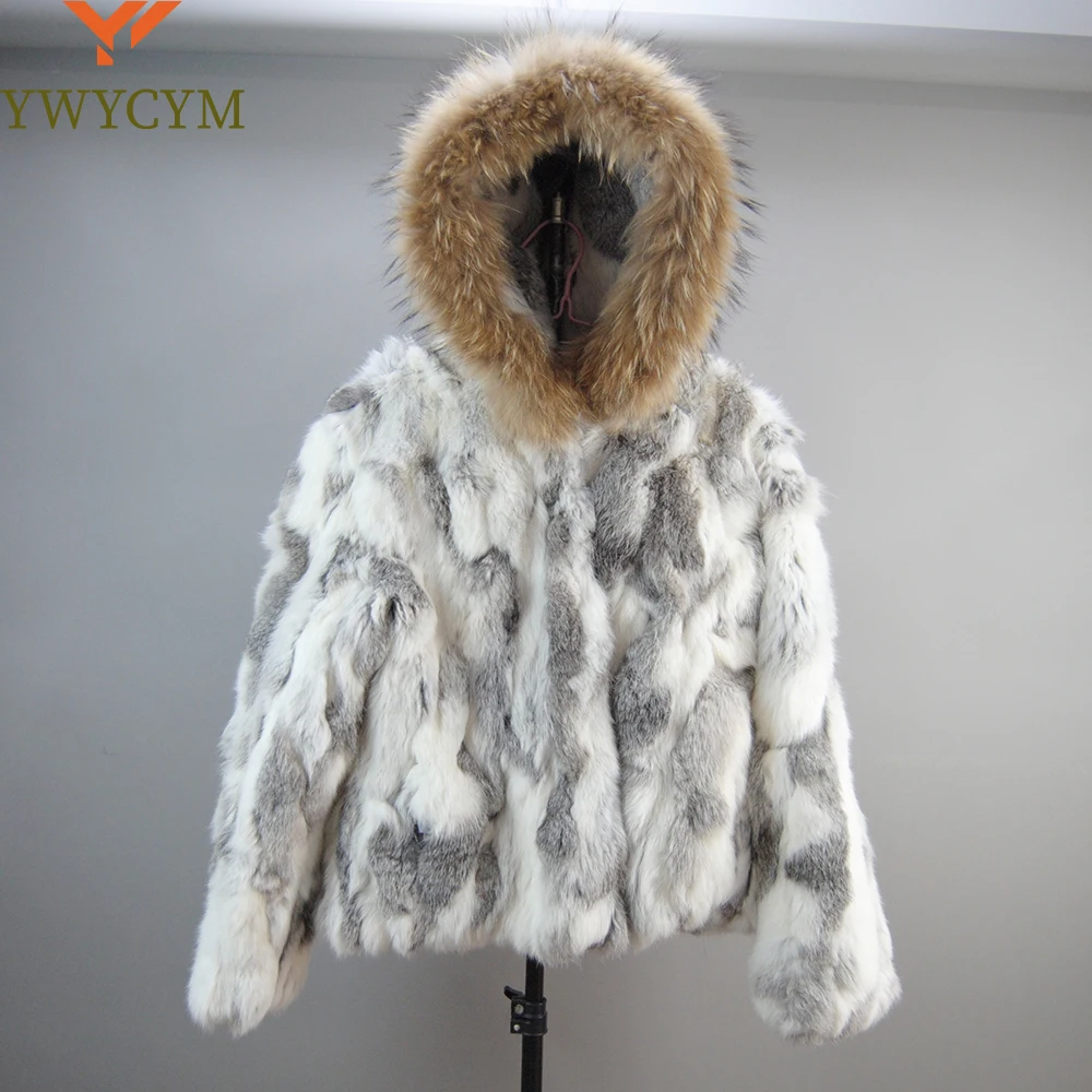 Hot Sale Real Fur Genuine Rabbit Fur Coat With Hood Jacket And Luxury Natural Real Raccoon Fur Collar Hood Waistcoat Overcoat