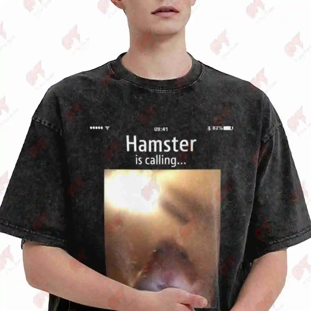 Dank Meme Hamster Staring Calling Vintage Washed Tee Pure Cotton T-Shirt