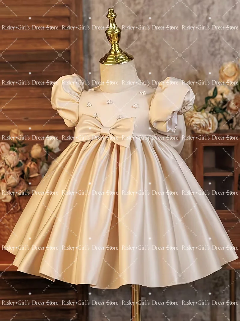 Elegant Champagne Princess Flower Girl Dresses For Wedding Party Kids Puff Sleeves Pearls Communion Dress With Bow Custom