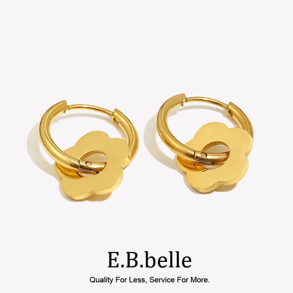 E.B.belle Golden Silver Color Y2K Accessories Girls Ladies Flower Earrings Small Hoop Waterproof Stainless Steel Floral Earrings