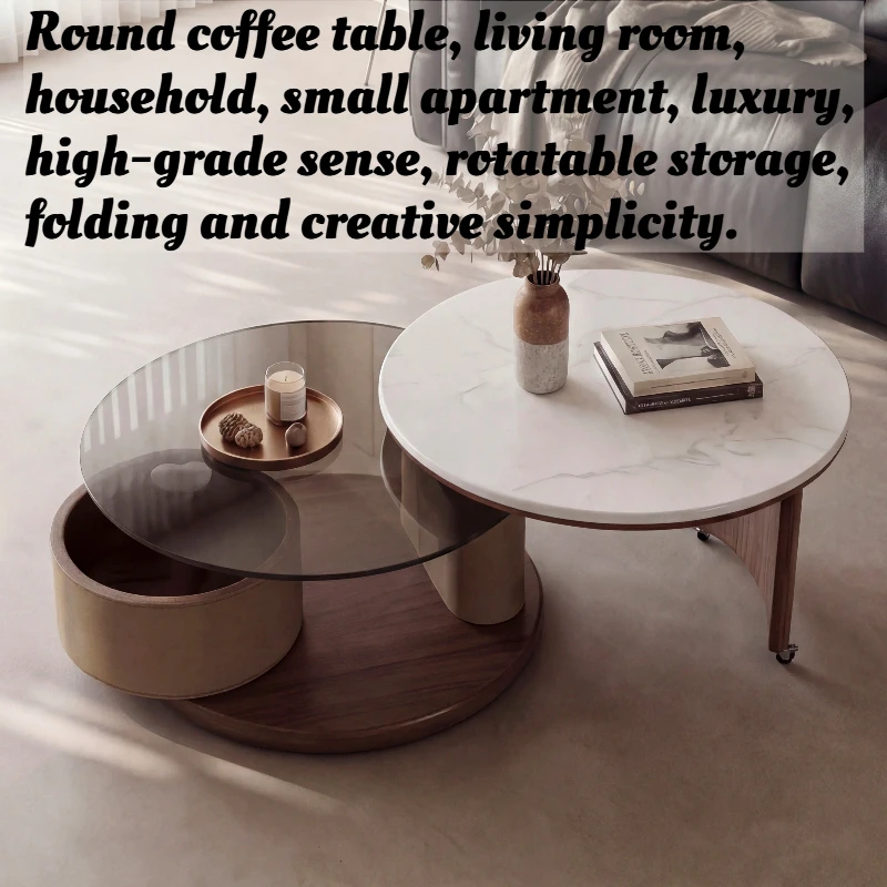

Round Coffee Table Living Room Small Space Luxury Crystal Stone Rotating Storage Foldable Minimalist Glass Art Center Furniture